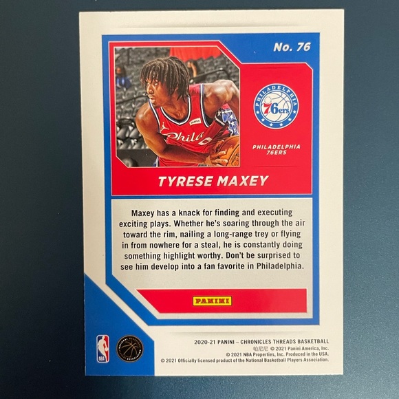 Tyrese Maxey Rookie Card 2020-21 Panini Rookie Threads Philadelphia 76ers - Picture 2 of 2